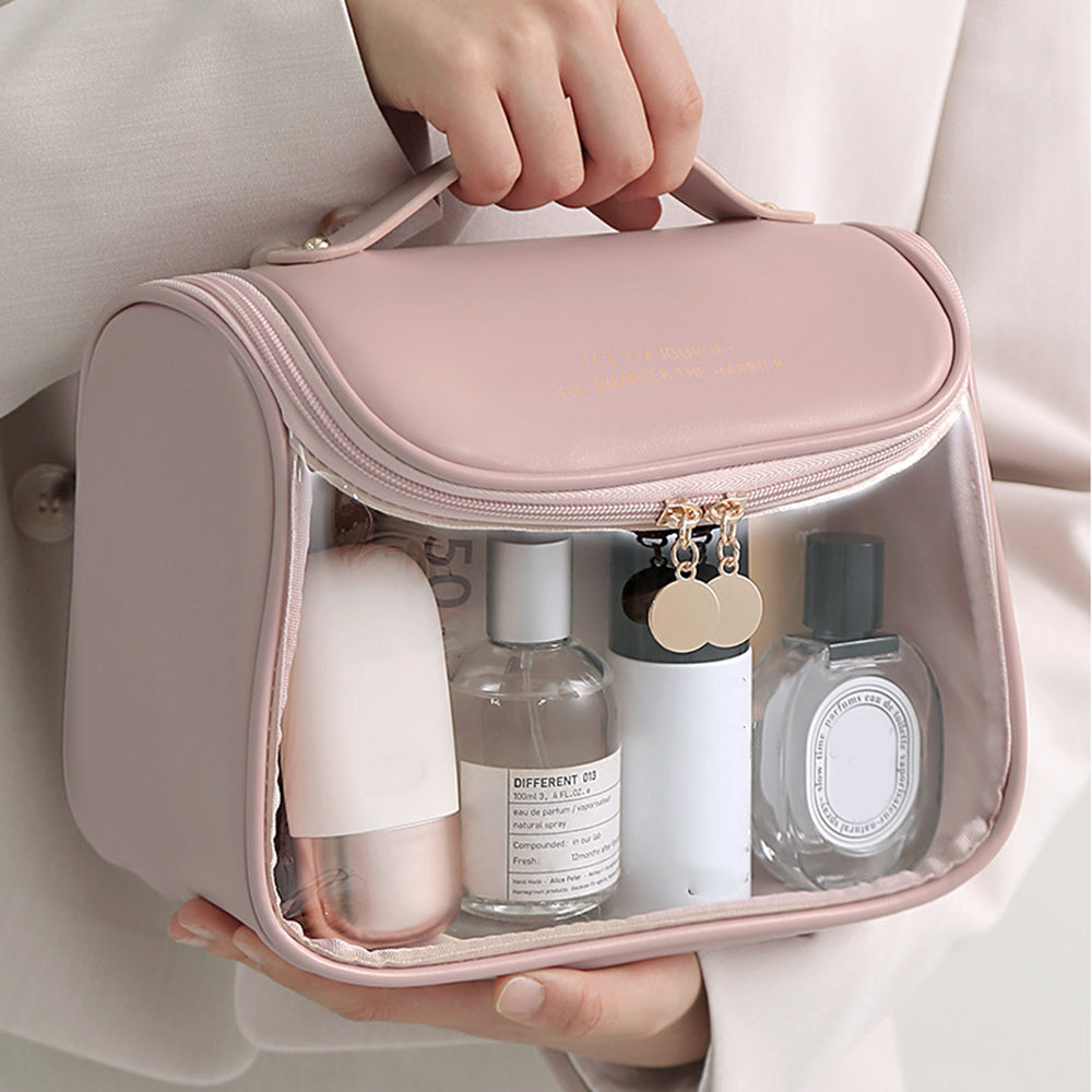 HK8297 Waterproof Clear Design Makeup Bag Large Capacity Cosmetic Bag PU Leather PVC Travel Toiletry Organizer with Portable Handle Strap HK8297 Waterproof Clear Design Makeup Bag Large Capacity Cosmetic Bag PU Leather PVC Travel Toiletry Organizer with Portable Handle Strap